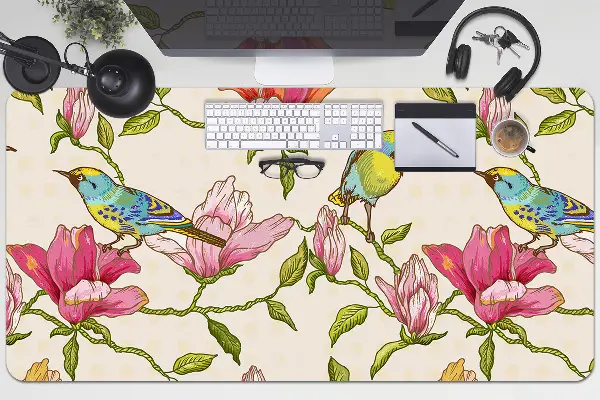 Skrivbordsunderlägg Blommor och fåglar