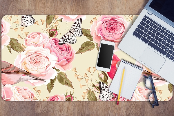 Matta skrivbord Fåglar blommor fjärilar